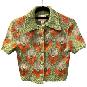 Industry Republic Floral Jacquard Short Sleeve Polo Cardigan Shirt Size Small